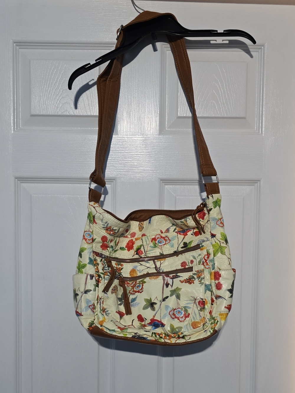 Bueno Cream Floral Shoulder Bag with Brown Trim